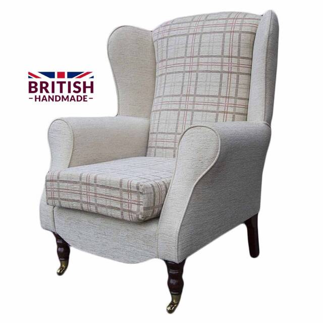 Handmade Wingback Armchair Beige & Red Check Fabric, British Made - image 1