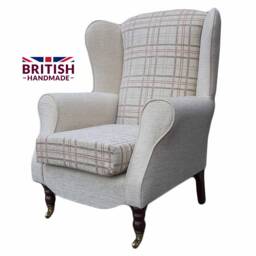 Handmade Wingback Armchair Beige & Red Check Fabric, British Made