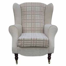 Handmade Wingback Armchair Beige & Red Check Fabric, British Made - thumbnail 2