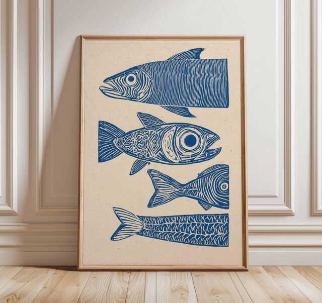 Fish Wall Art Print, Nautical Coastal Poster, Blue Linocut Style Illustration, Modern Ocean Artwork, Beach House Sea Life Decor - image 1