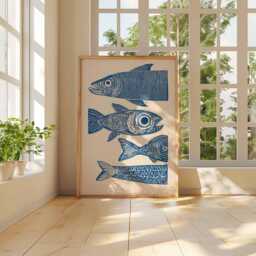 Fish Wall Art Print, Nautical Coastal Poster, Blue Linocut Style Illustration, Modern Ocean Artwork, Beach House Sea Life Decor - thumbnail 3