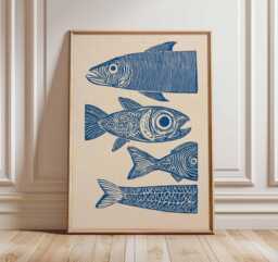 Fish Wall Art Print, Nautical Coastal Poster, Blue Linocut Style Illustration, Modern Ocean Artwork, Beach House Sea Life Decor - thumbnail 1