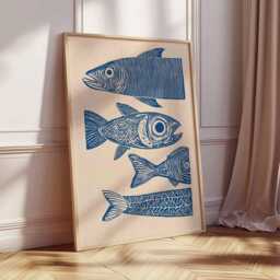 Fish Wall Art Print, Nautical Coastal Poster, Blue Linocut Style Illustration, Modern Ocean Artwork, Beach House Sea Life Decor - thumbnail 2