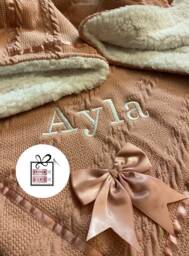 Personalised Baby Bow Rose Pink Cable Knitted Blanket With Satin Edge - Name Embroidered Newborn Girls Wrap Gift