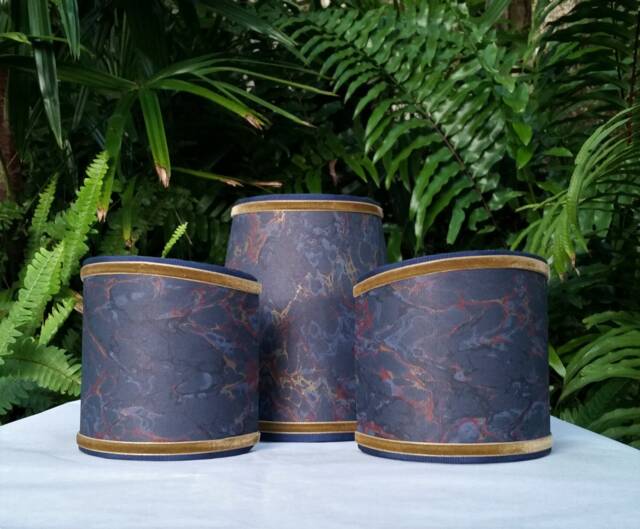 Set Of Three Marbled Paper Lampshades Navy Gold - image 1