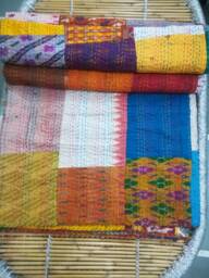 "Handmade Silk Patchwork Kantha Quilt Indian Bedspread Blanket - 90""x108" - thumbnail 1