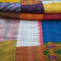 "Handmade Silk Patchwork Kantha Quilt Indian Bedspread Blanket - 90""x108" - thumbnail 3
