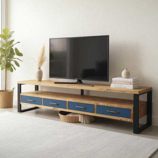 Console Tv Stand Industrial Media Center With Brass Handles - image 1