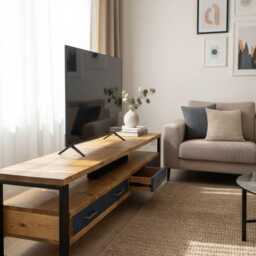 Console Tv Stand Industrial Media Center With Brass Handles - thumbnail 3