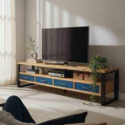 Console Tv Stand Industrial Media Center With Brass Handles - thumbnail 2