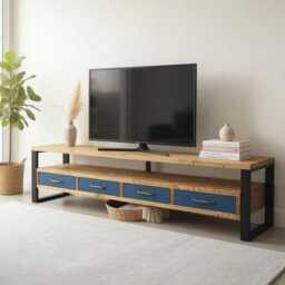 Console Tv Stand Industrial Media Center With Brass Handles - thumbnail 1