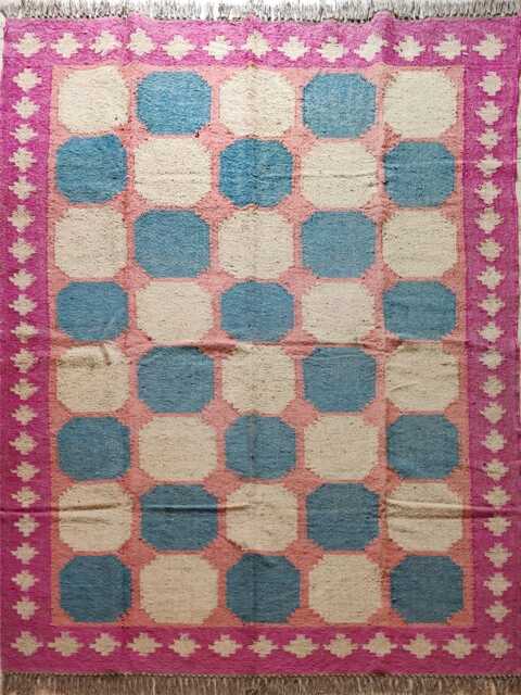 Wool Jute Kilim Rug - Pink Border Geometric - image 1