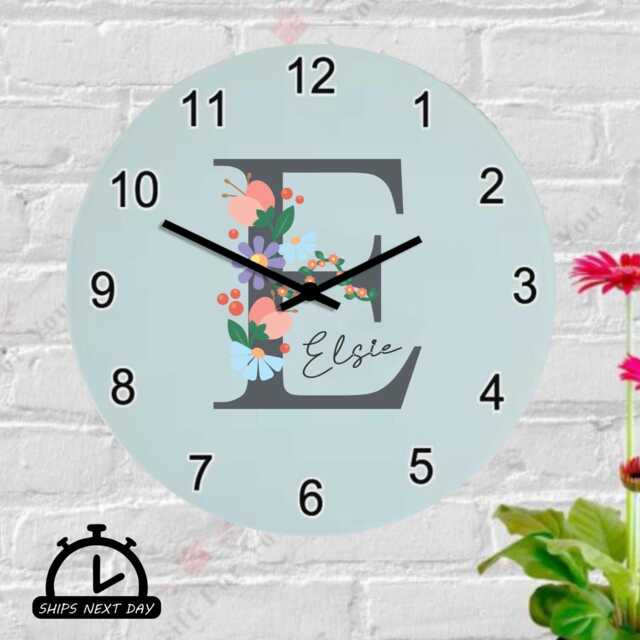 Custom Floral Initial Wall Clock, Personalised Girls Bedroom Kids Name & Nursery Decor Gifts For - image 1