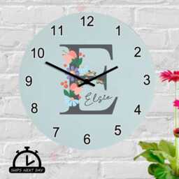 Custom Floral Initial Wall Clock, Personalised Girls Bedroom Kids Name & Nursery Decor Gifts For - thumbnail 1