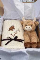 Personalised Baby Blanket Gift Set Highland Cow Toy Newborn Shower - thumbnail 1