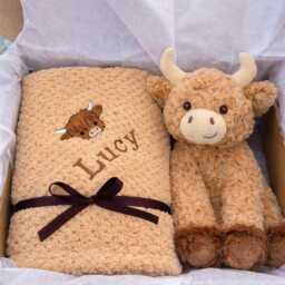 Personalised Baby Blanket Gift Set Highland Cow Toy Newborn Shower - thumbnail 2
