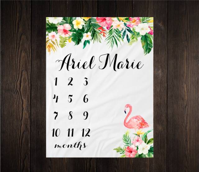 Flamingo Baby Blanket Tropical Milestone Monthly Growth Tracker Soft Fleece Minky Shower Newborn Gift Floral - image 1