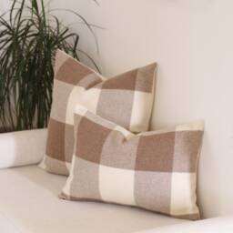 Tan & Cream Plaid Wool Pillow Cover, Camel Ivory Buffalo Check Cover - Made To Order - thumbnail 2