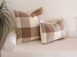 Tan & Cream Plaid Wool Pillow Cover, Camel Ivory Buffalo Check Cover - Made To Order