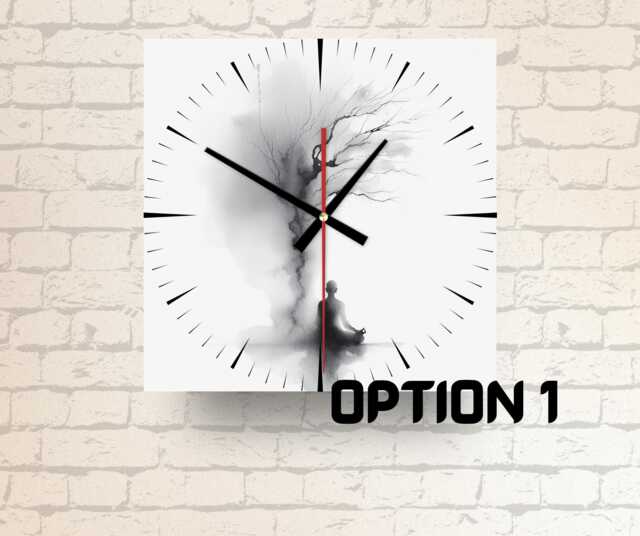 Zen Wall Clock Glass Square, Minimalist Black White Meditation Decor, Japandi Home - image 1
