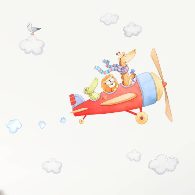 Fabric Wall Decal, Safari Airplane Nursery, Toddler Watercolour Room Decor, Animal Stickers - image 1
