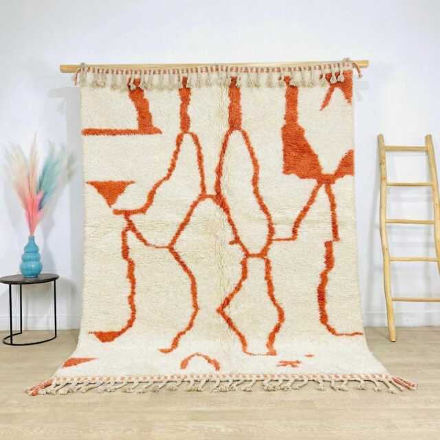Moroccan White & Coral Berber Rug, Boho Nursery Authentic Beni Ourain Carpet, Large Area Handwoven Wool Shag Rug - image 1