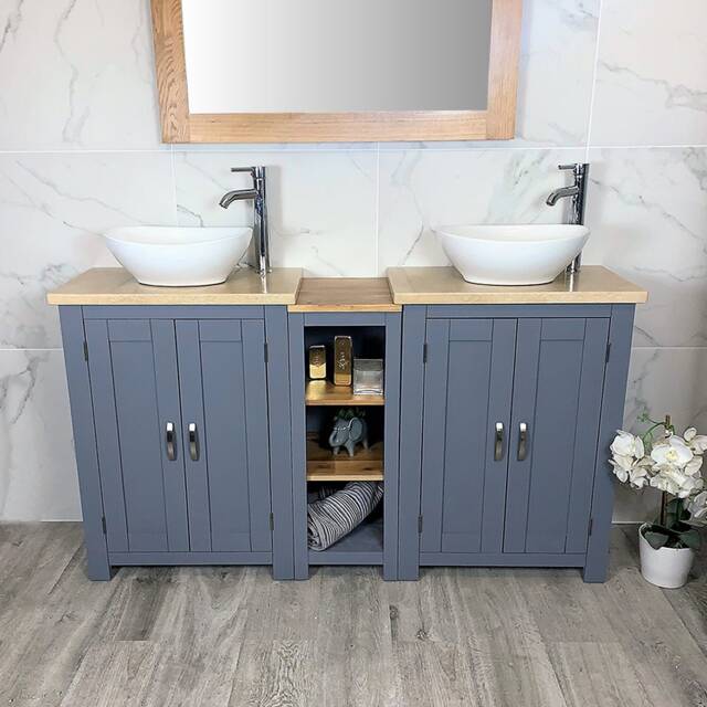 Bathroom Vanity Unit - Sink Washstand Slimline Grey Painted With Travertine Worktop & Sit On Basins Taps Plugs Included - image 1
