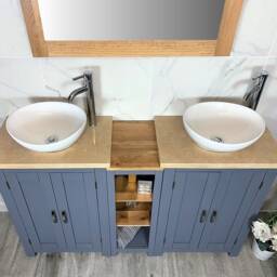 Bathroom Vanity Unit - Sink Washstand Slimline Grey Painted With Travertine Worktop & Sit On Basins Taps Plugs Included - thumbnail 2
