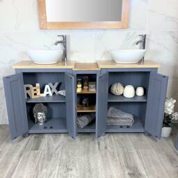 Bathroom Vanity Unit - Sink Washstand Slimline Grey Painted With Travertine Worktop & Sit On Basins Taps Plugs Included - thumbnail 3