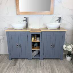 Bathroom Vanity Unit - Sink Washstand Slimline Grey Painted With Travertine Worktop & Sit On Basins Taps Plugs Included - thumbnail 1