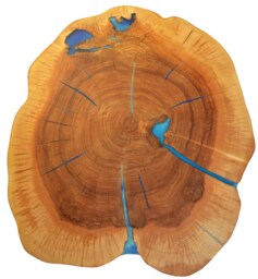 Round Live Edge Coffee Table With Glowing Resin Fillin/Hairpin Cooper Legs - thumbnail 1