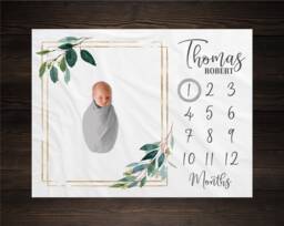 Greenery Milestone Blanket, Monthly Growth Tracker, Personalized Baby Custom Shower Gift, New Bm24 - thumbnail 1