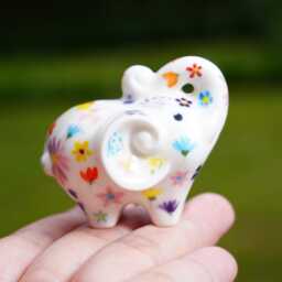 Lucky White Elephant With Flowers, For Wealth & Luck Trunk Up, Hand-Painted - thumbnail 2