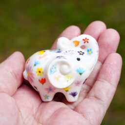 Lucky White Elephant With Flowers, For Wealth & Luck Trunk Up, Hand-Painted - thumbnail 3