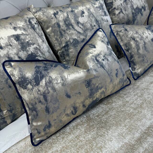 Gold Navy Pillow Cover, Luxury Cushion Cover , Throw Blue Metallic Clarke &clarke Tessere Midnight Fabric, Navy Satin Piping - image 1