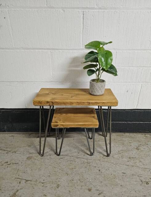 Rustic Nest Of Tables, Supported By Steel Hairpin Legs - Reclaimed Wood Space Saving Tables Natural Stackable - image 1