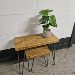 Rustic Nest Of Tables, Supported By Steel Hairpin Legs - Reclaimed Wood Space Saving Tables Natural Stackable - thumbnail 3