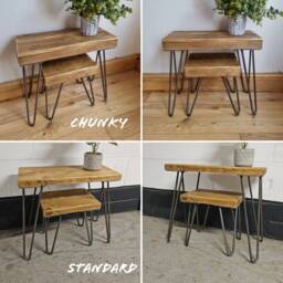 Rustic Nest Of Tables, Supported By Steel Hairpin Legs - Reclaimed Wood Space Saving Tables Natural Stackable - thumbnail 2