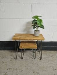 Rustic Nest Of Tables, Supported By Steel Hairpin Legs - Reclaimed Wood Space Saving Tables Natural Stackable