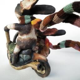 Ceramic Rabbits With Hand Knitted Striped Scarves Riding A Sidecar Motorcycle - thumbnail 4