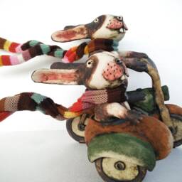 Ceramic Rabbits With Hand Knitted Striped Scarves Riding A Sidecar Motorcycle - thumbnail 3