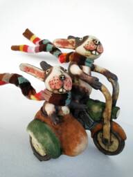 Ceramic Rabbits With Hand Knitted Striped Scarves Riding A Sidecar Motorcycle