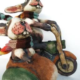 Ceramic Rabbits With Hand Knitted Striped Scarves Riding A Sidecar Motorcycle - thumbnail 2