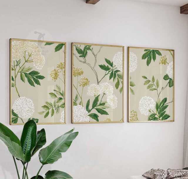 Set Of 3 Botanical Wall Art Prints, Green Leaf & White Flower Posters, Modern Nature Inspired Decor - image 1