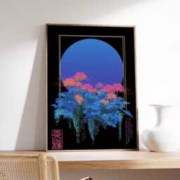 Japanese Cyberpunk Poster, Neon Botanical Wall Art Print, Blue & Pink Gradient Moon Design, Futuristic Nature Decor For Modern Homes - thumbnail 2