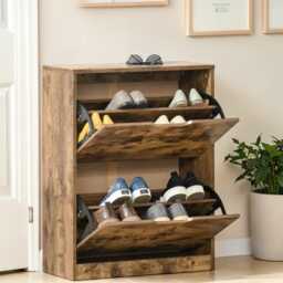 Shoe Cabinet 2 Flip Drawers Slim Freestanding Storage For 12 Pairs, Rustic Brown - thumbnail 3