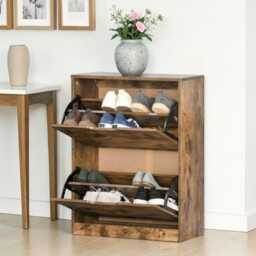 Shoe Cabinet 2 Flip Drawers Slim Freestanding Storage For 12 Pairs, Rustic Brown - thumbnail 2