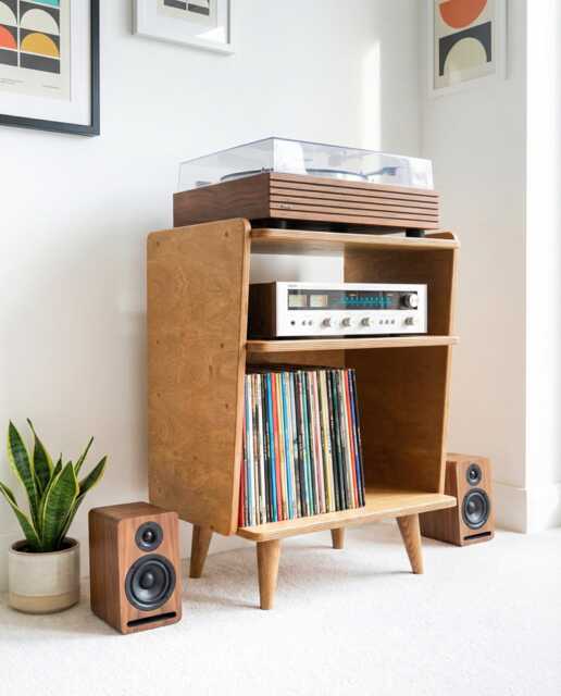 Mid Century Turntable Stand, Handmade Vinyl Storage Cabinet, Retro Record Player Console, Birch Plywood Lp Organizer, Audio Rack - image 1