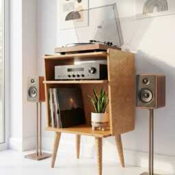 Mid Century Turntable Stand, Handmade Vinyl Storage Cabinet, Retro Record Player Console, Birch Plywood Lp Organizer, Audio Rack - thumbnail 2