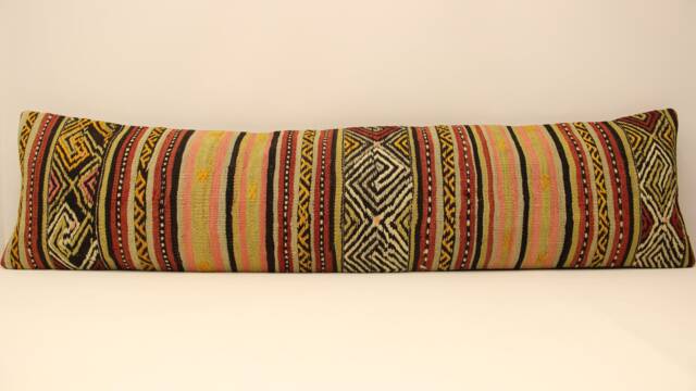 Handmade King Size Kilim Pillow Cover, 12x47 Inch 30x120 cm Unique Lumbar Flaming Kilim Bedding Pillow Oblong, 4Oyf-167 - image 1